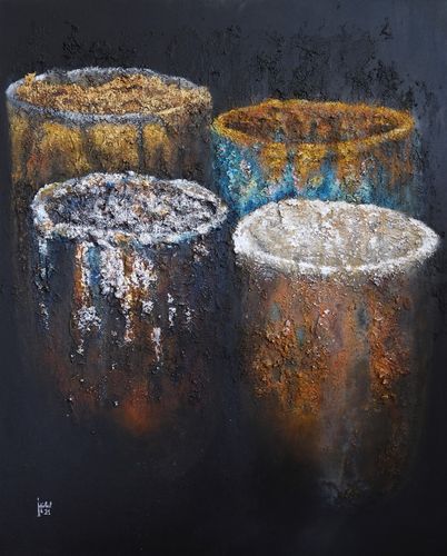 Sans titre - Technique mixte (acrylique, pigments, sable, limaille de fer, feuilles dorées et argentées) - 100 x 80 - 2021